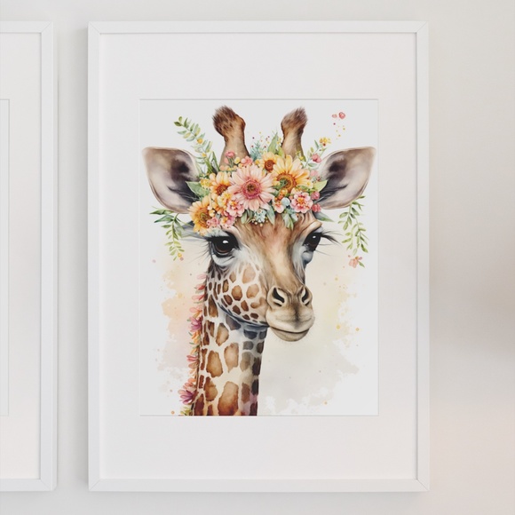 Cute Floral Giraffe Watercolor Wall Art Illustration Print Poster Unframed - Picture 3 of 6